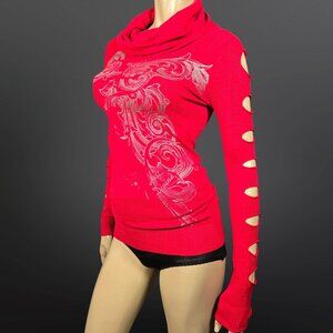 Y2K Red Fitted Sweater Size S Cut Out Sleeves Trashy Emo Grunge Indie Sleaze